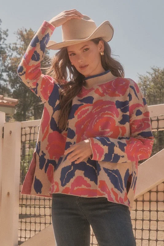 Flower Print Knit Pullover Sweater Seamless Knitted Crochet