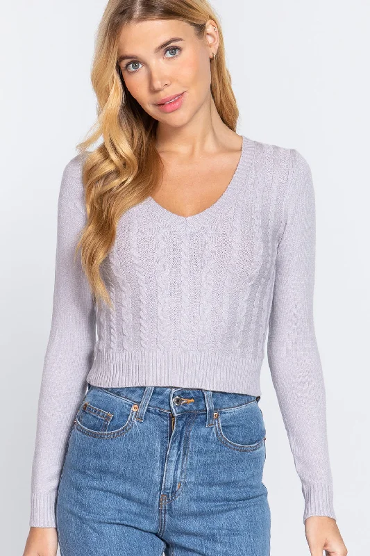 Long Sleeve V-neck Cable Sweater Glossy Satin Silk