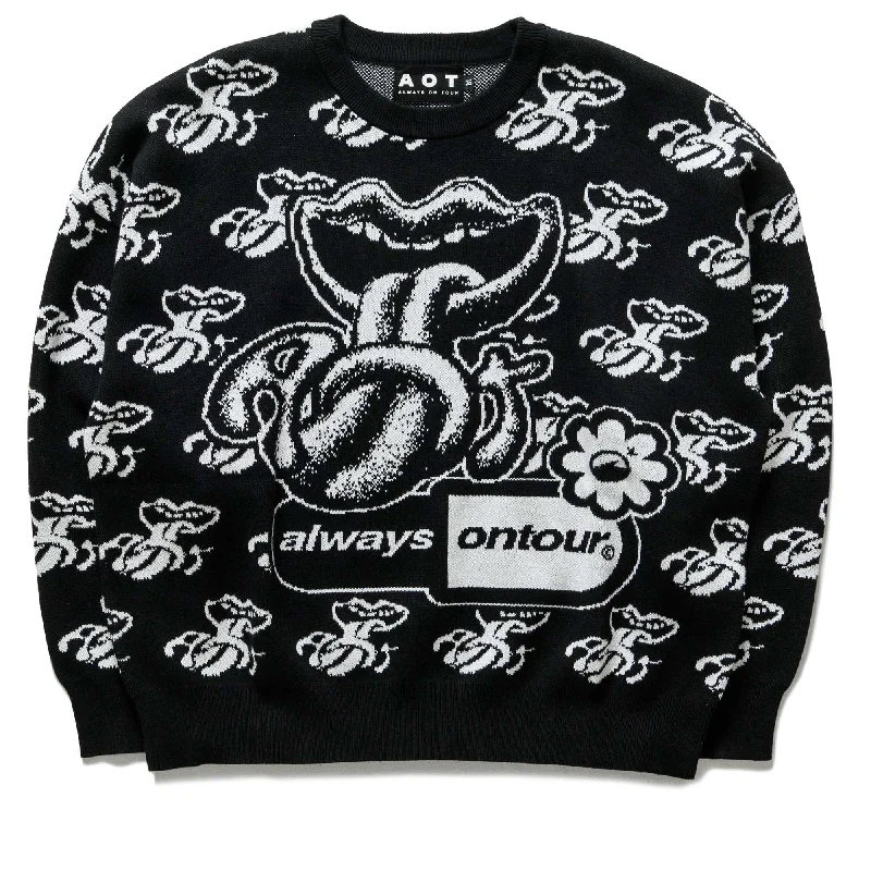 Always On Tour Lips Sweater - Black/White Turtle Neck Boat Neck Asymmetrical Neck