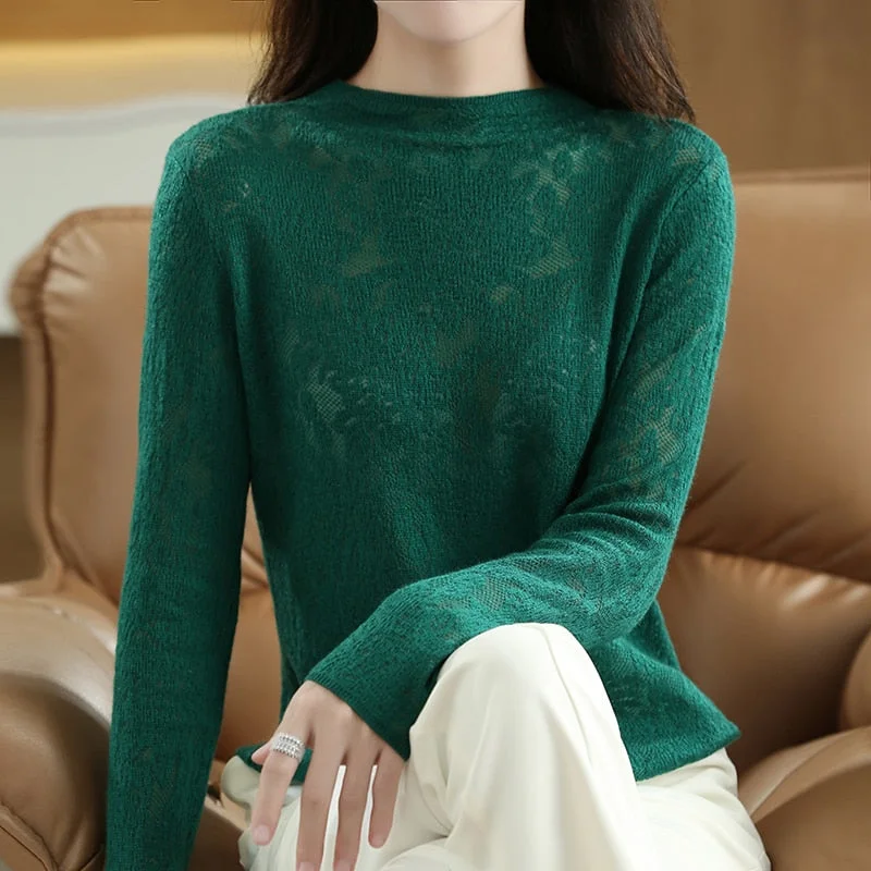 Autumn And Winter Popular Three-dimensional Carved Hollow Half Height Base Coat Women's Worsted Sweater Temperament Lazy Sweater Denim Fabric Leather Fabric Suede Fabric Autumn And Winter Popular Three-dimensional Carved Hollow Half Height Base Coat Women's Worsted Sweater Temperament Lazy Sweater Denim Fabric Leather Fabric Suede Fabric