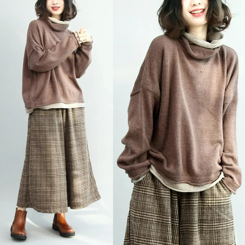 Babakud Faux Two-Piece Comfortable Loose Sweaters Collared Crew Neck Turtle Neck