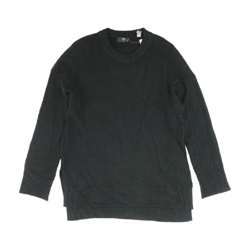 Black Solid Crewneck Sweater Satin Fabric Silk Fabric Chiffon Fabric
