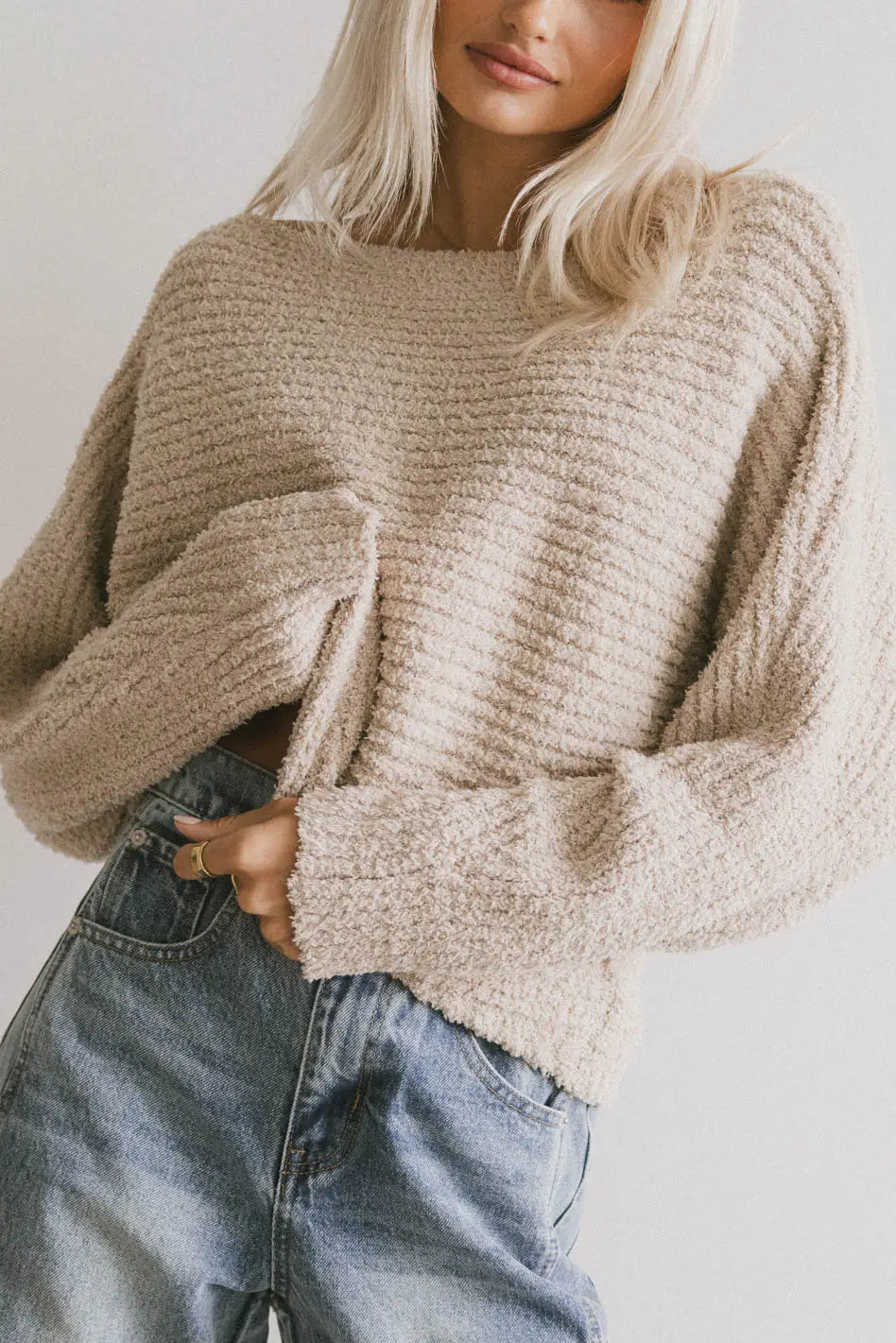 Calia Knit Sweater in Tan Fleece Fabric Down Fabric Feather Fabric