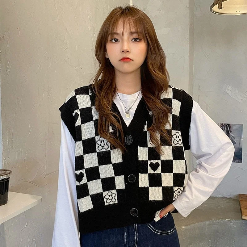 Checkerboard Plaid Sweater Vest For Women Vintage Print Knitted Mini Mesh Sweater Canvas Denim Checkerboard Plaid Sweater Vest For Women Vintage Print Knitted Mini Mesh Sweater Canvas Denim