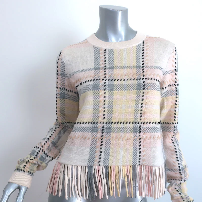 Chloe Fringed Plaid Sweater Cream Wool-Cashmere Size Small Transparent Opaque Sheer
