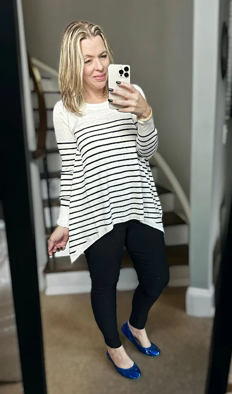 Ivory with Black Striped Sharkbite Sweater Elegant Classic Vintage