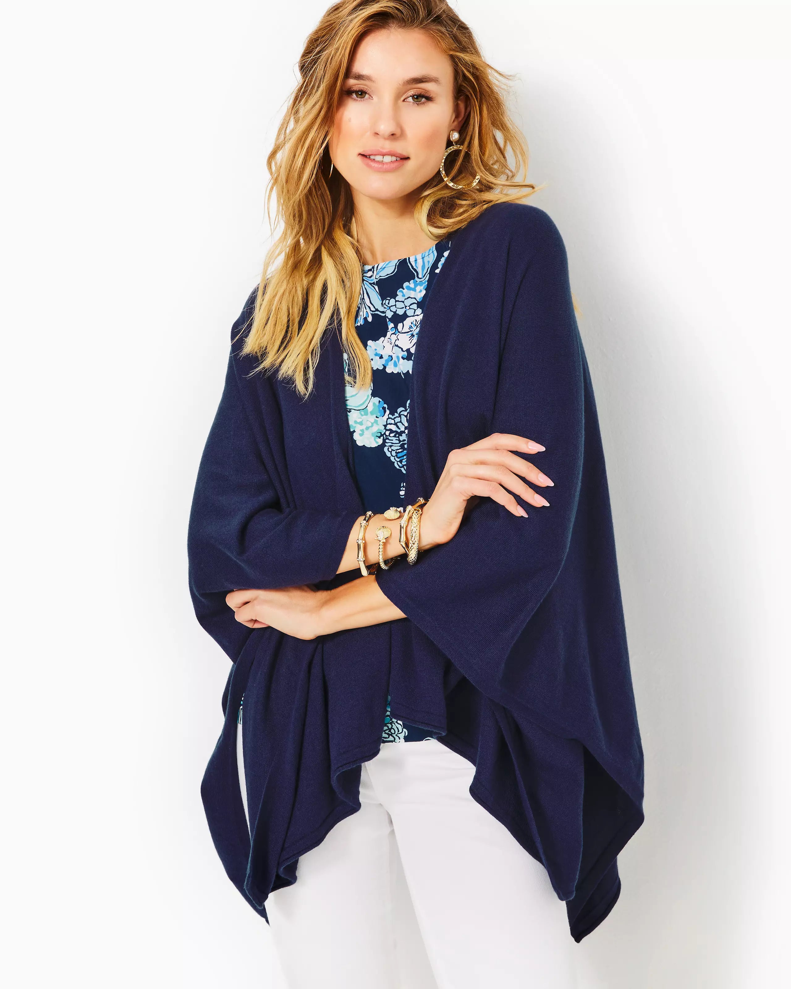 Lilly Pultizer Terri Sweater Wrap True Navy Knit Fabric Woven Fabric Fleece Fabric