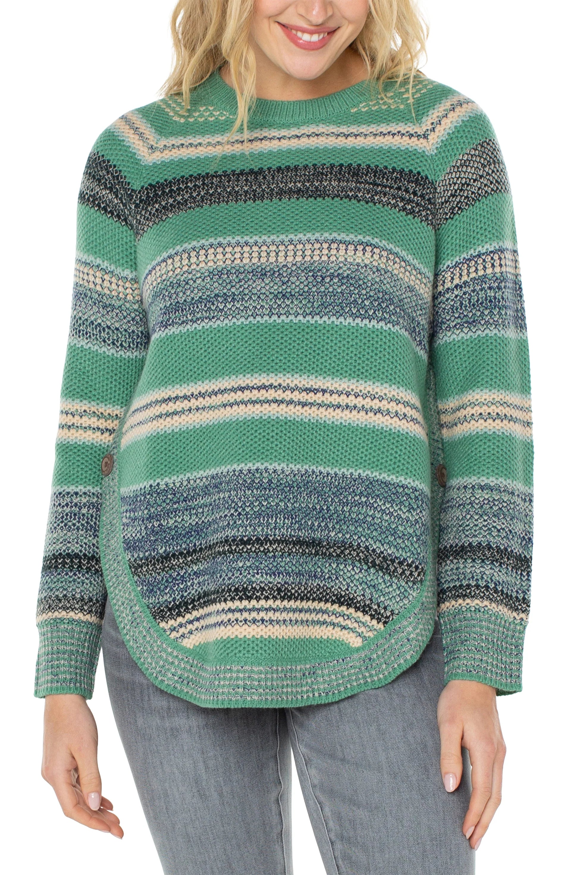 Liverpool Curved Hem Striped Raglan Sweater Emerald Seamless Knitted Crochet