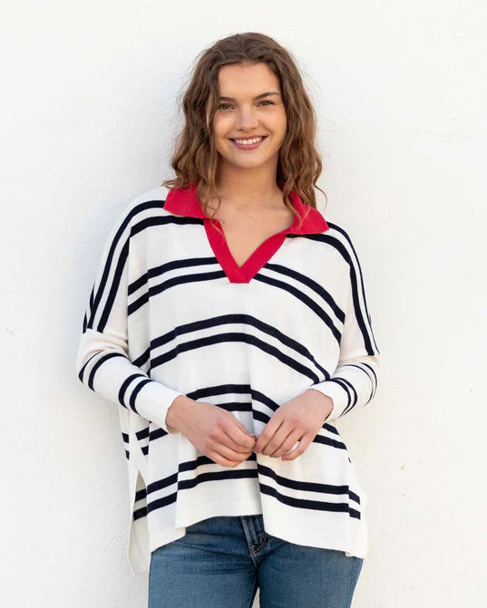 Mersea Catalina Polo Sweater Navy Stripes Beaded Sweater Sequined Faux Fur