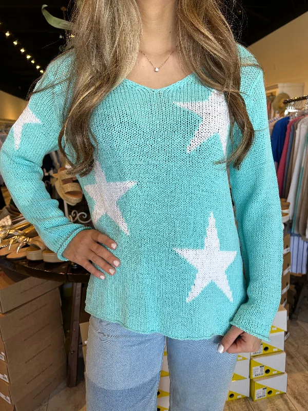 Wooden Ships Hailey Star V Cotton Sweater Surf Jack Aqua/Breaker White Fitted Loose Oversized Wooden Ships Hailey Star V Cotton Sweater Surf Jack Aqua/Breaker White Fitted Loose Oversized