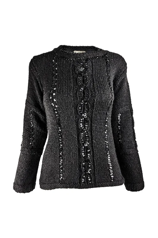 Vintage Black Sequin Wool & Mohair Sweater, 1970s Cable Knit Ribbed Knit Lace Knit