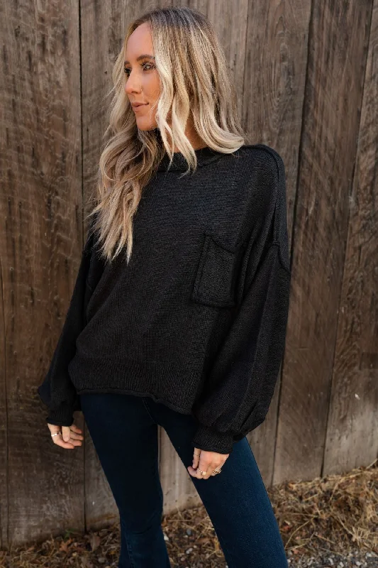 Fireside Talks Balloon Sleeve Sweater - Black Elasticated Padded Insulated