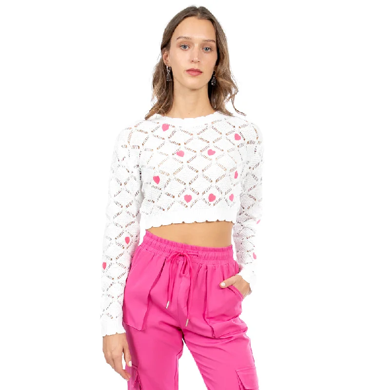 SWEATER CROPPED TEJIDO CON CORAZONES PARA MUJER FOREVER 21 Chenille Blend Fleece Blend Nylon Blend