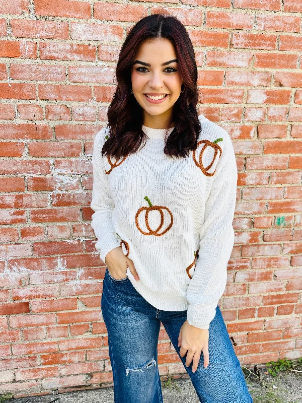 Happy Days Pumpkin Knit Sweater • Cream Turtle Neck Boat Neck Asymmetrical Neck