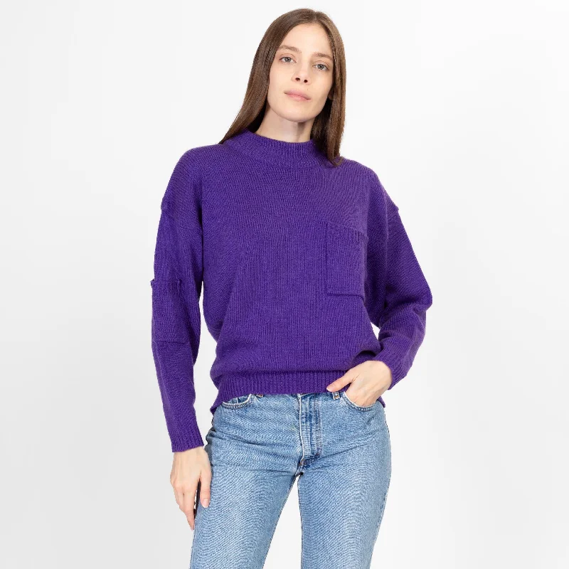 Large 80s Purple Mockneck Pocket Sweater Fleece Fabric Down Fabric Feather Fabric