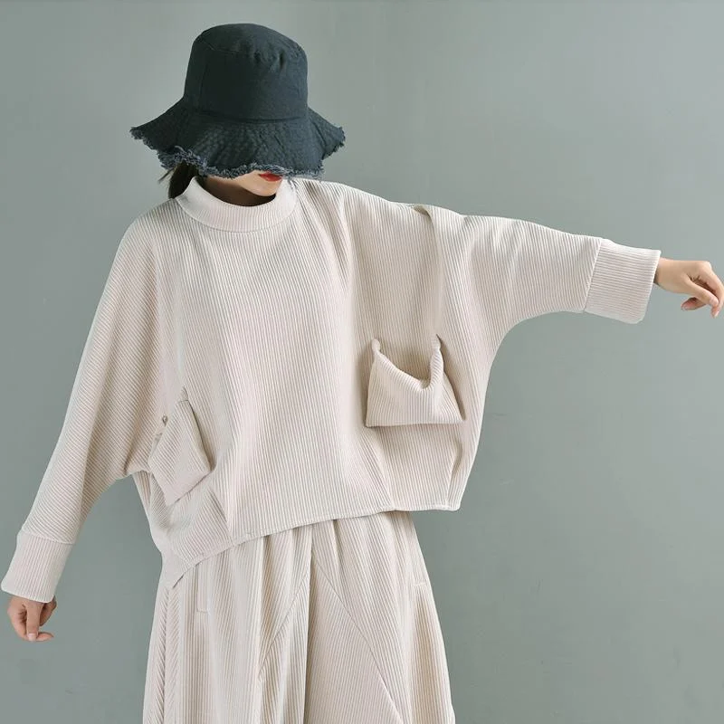 Loose Casual Style High-neck Beige Sweater Silk Blend Satin Velvet