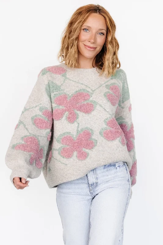 Lisbeth Flower Sweater | Green + Pink Bright Pastel Dark