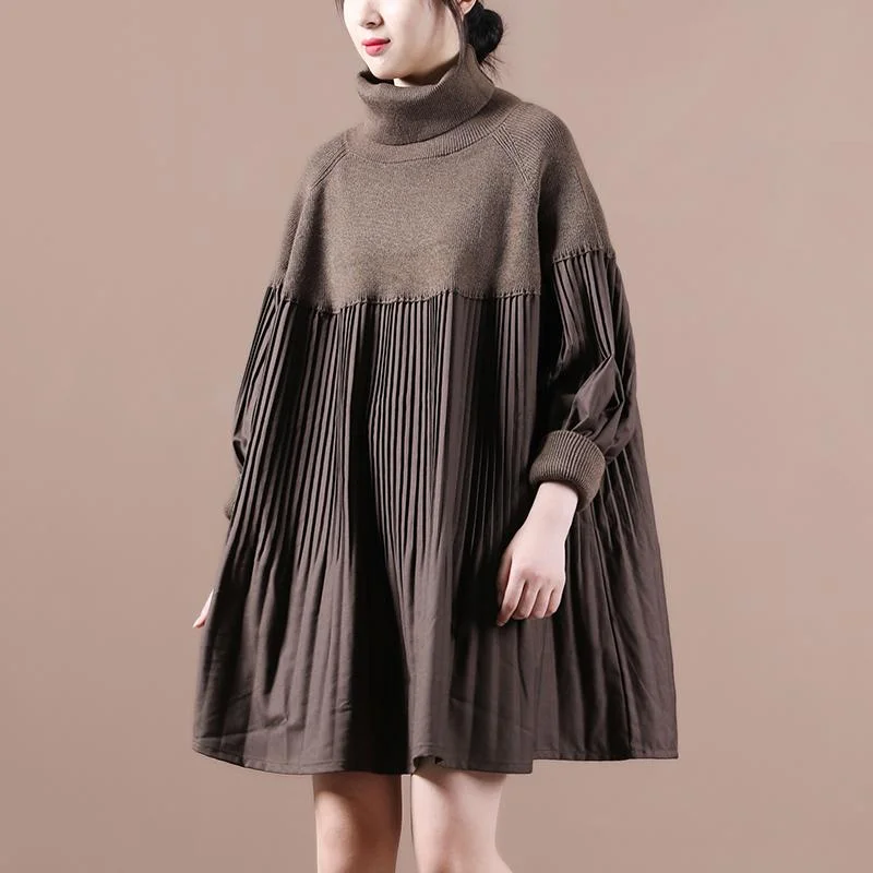 Loose Pleated Stitching Knitted Turtleneck Sweater Ribbed Striped Patterned