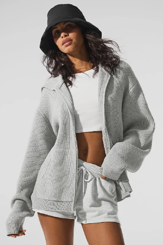 Domain Rib Knit Full Zip Sweater - Athletic Heather Grey Bright Pastel Dark