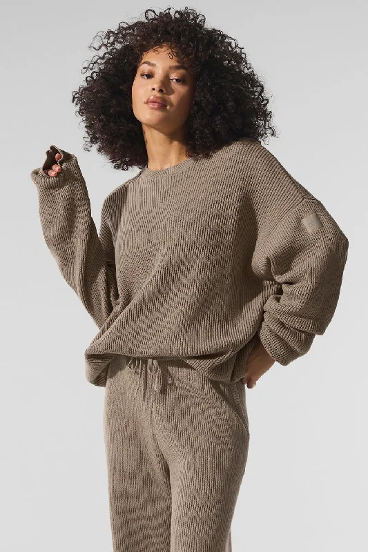 Domain Rib Knit Crew Sweater - Gravel Hooded Caped Shawl Collar