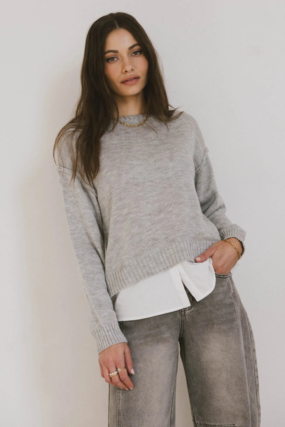 Marcel Knit Sweater in Grey Boat Neck Shawl Collar Notched Collar