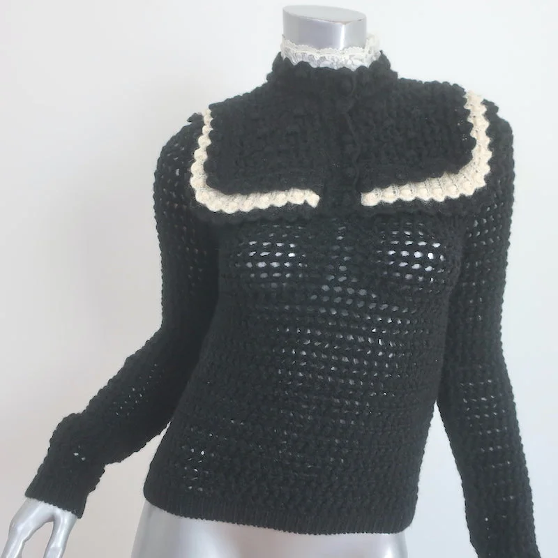 Saint Laurent Lace-Collar Crochet Sweater Black Wool Size Extra Small Front Pockets Side Pockets Patch Pockets