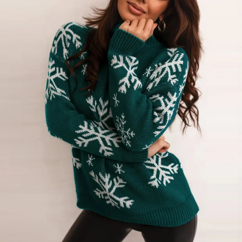 Snowflake Print Oversized Christmas Sweater Mesh Fabric Canvas Fabric Denim Fabric