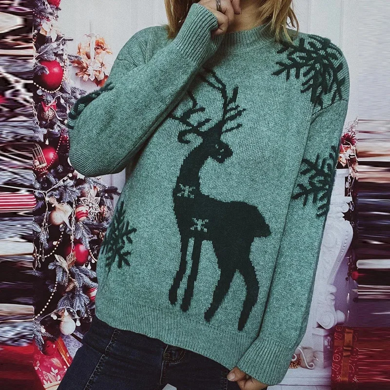Soft Knitted Christmas Sweater - Warm Casual Pullover Solid Print Embellished