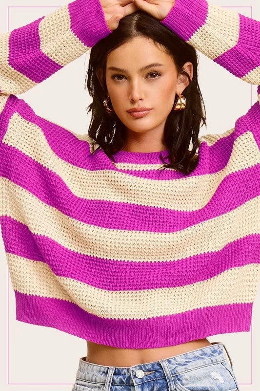 La Miel Striped Round Neck Loose Fit Sweater Stylish Fashionable Trendy
