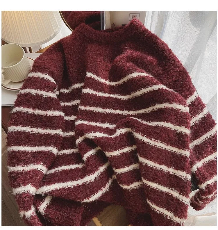 Striped sweater for women long-sleeved shirt       S4908 Mesh Blend Leather Blend Suede Blend