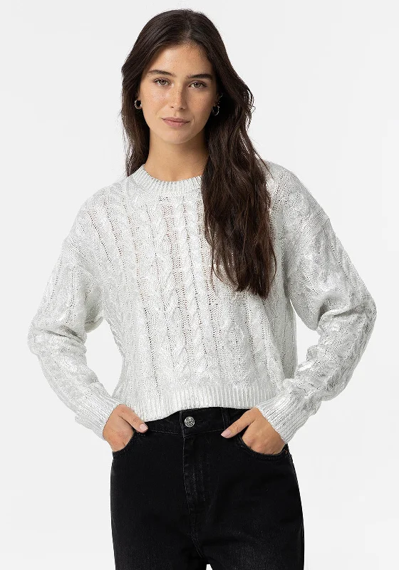 Tiffosi Electra Metallic Cable Knit Jumper, Silver Lace Blend Ribbed Blend Corduroy Blend