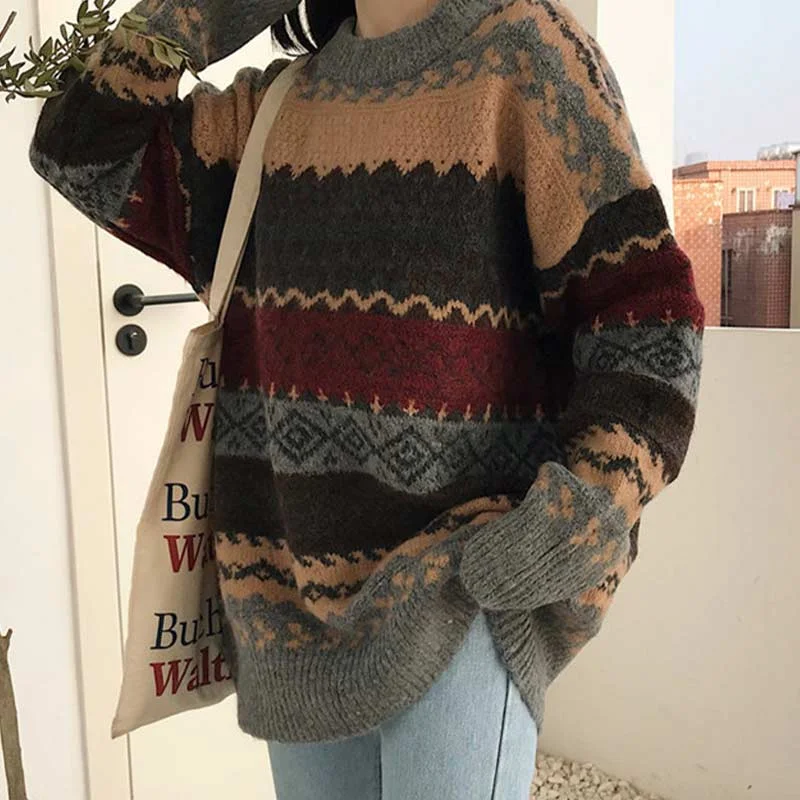 Vintage Sweaters Women Pullover Winter Striped Jumpers Korean Style Loose Pullover Knitwear Casual Loose Sweater Pull Femme Turtle Neck Boat Neck Asymmetrical Neck Vintage Sweaters Women Pullover Winter Striped Jumpers Korean Style Loose Pullover Knitwear Casual Loose Sweater Pull Femme Turtle Neck Boat Neck Asymmetrical Neck