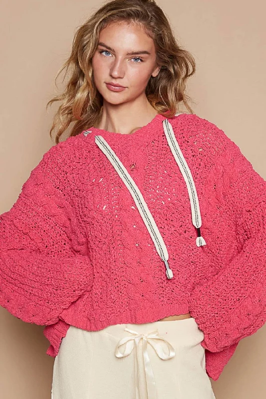 POL Cable Knit Hooded Chenille Sweater Glossy Satin Silk