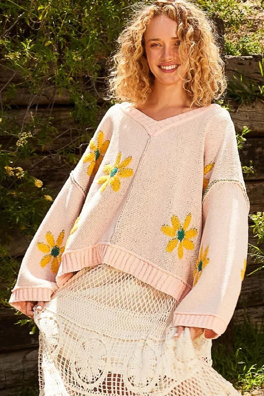 POL V-Neck Floral Pattern Chenille Sweater Oversized Loose Flowy