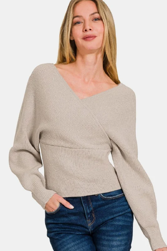 Zenana Cross Wrap Rib Long Sleeve Sweater Collared Crew Neck Turtle Neck