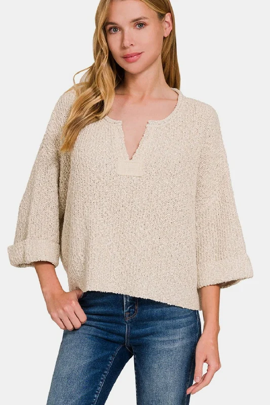 Zenana Notched Side Slit Patch Sweater Front Pockets Side Pockets Patch Pockets