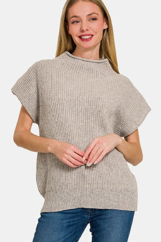 Zenana Short Sleeve Mock Neck Sweater Welt Pockets Slit Pockets Flap Pockets