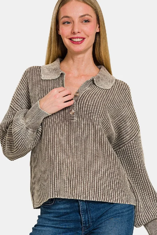 Zenana Washed Half Button Long Sleeve Sweater Fitted Slim Tailored