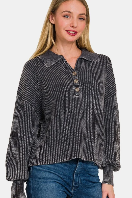 Zenana Washed Half Button Long Sleeve Sweater Print Jacquard Patchwork