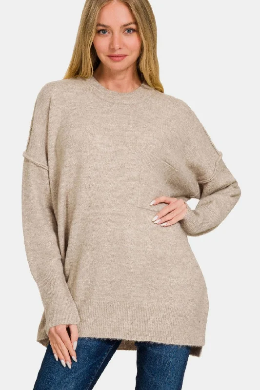 Zenana Women's High-Low Hem Drop Shoulder Sweater Spandex Blend Rayon Blend Denim Blend Zenana Women's High-Low Hem Drop Shoulder Sweater Spandex Blend Rayon Blend Denim Blend