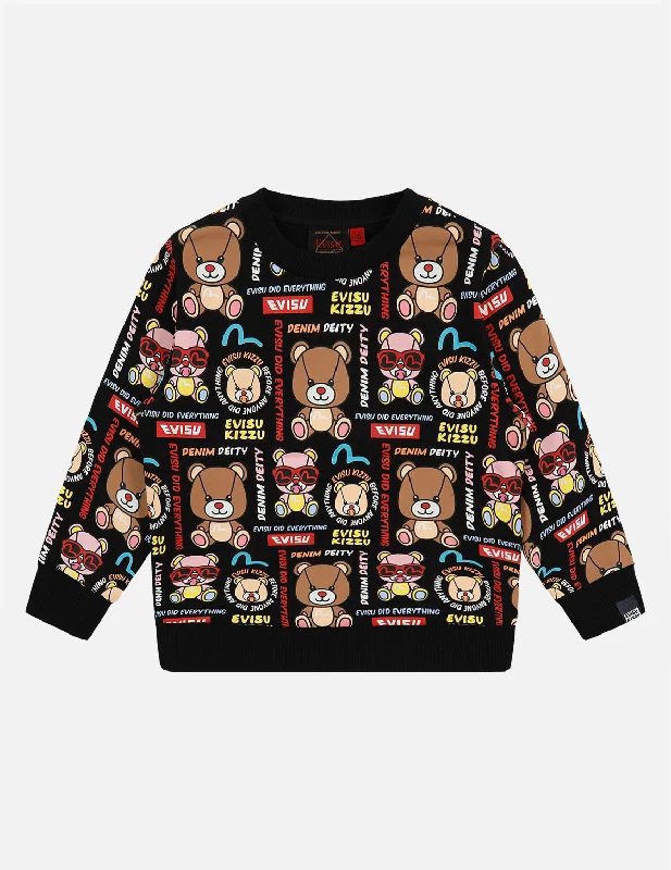 Allover  Bear Print Sweatshirt Hoodie with Hem Frayed Vintage Worn
