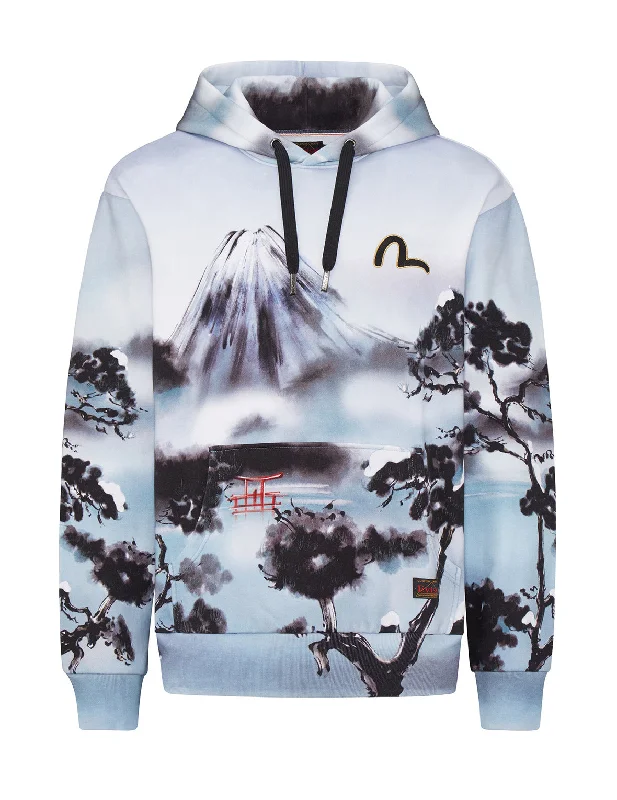 Allover Mountain and Taka Print Hoodie Hoodie with Camouflage Military Edgy