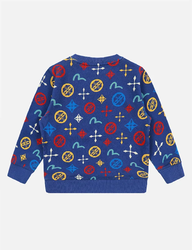 Allover Seagull and Kamon Print Sweatshirt Hoodie with Distressed Vintage Worn