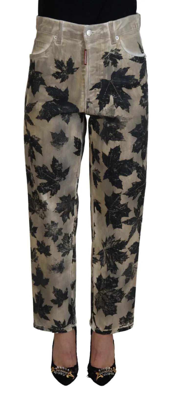 Beige Leaves Cotton High Waist Denim Jeans Boston Elegant Wide-Leg Jeans