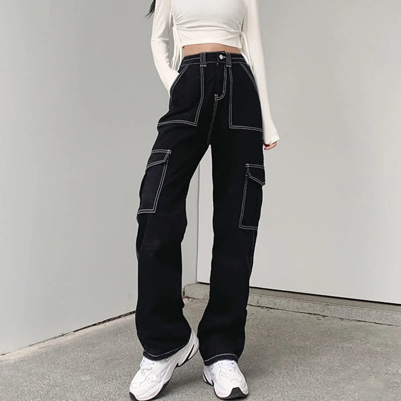 Biyaby Harajuku Pockets Patchwork Baggy Jeans Women Cargo Pants Stylish High-Waisted Denim Biyaby Harajuku Pockets Patchwork Baggy Jeans Women Cargo Pants Stylish High-Waisted Denim
