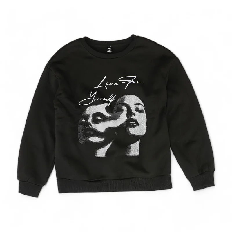 Black Graphic Sweatshirt Hoodie with Hem Raw Edge Edgy Unfinished