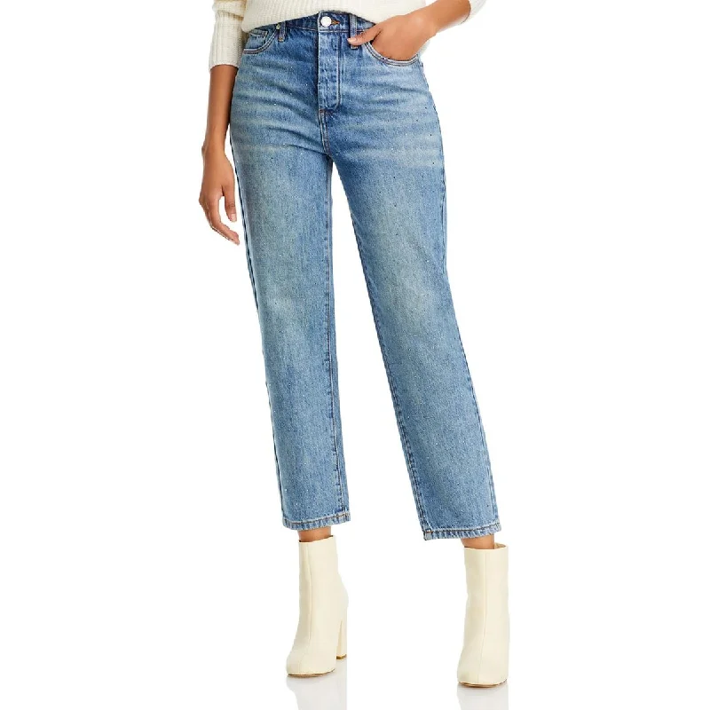 [BLANKNYC] Womens Rhinestone Straight Leg High-Waist Jeans Casual Distressed Denim Jeans
