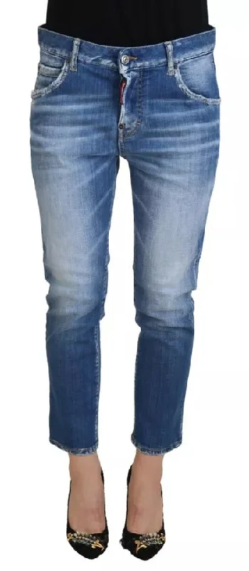Blue Cotton Low Waist Cropped Cool Girl Denim Jeans Trendy Colored Denim Jeans