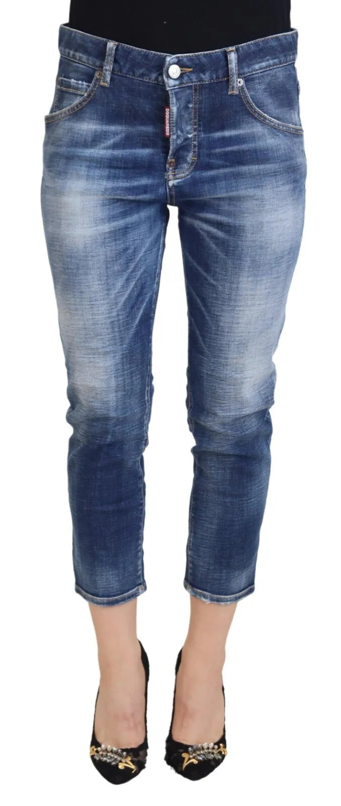 Blue Cotton Mid Waist Cropped Denim Jeans Cool Girl Trendy Paperbag Waist Jeans