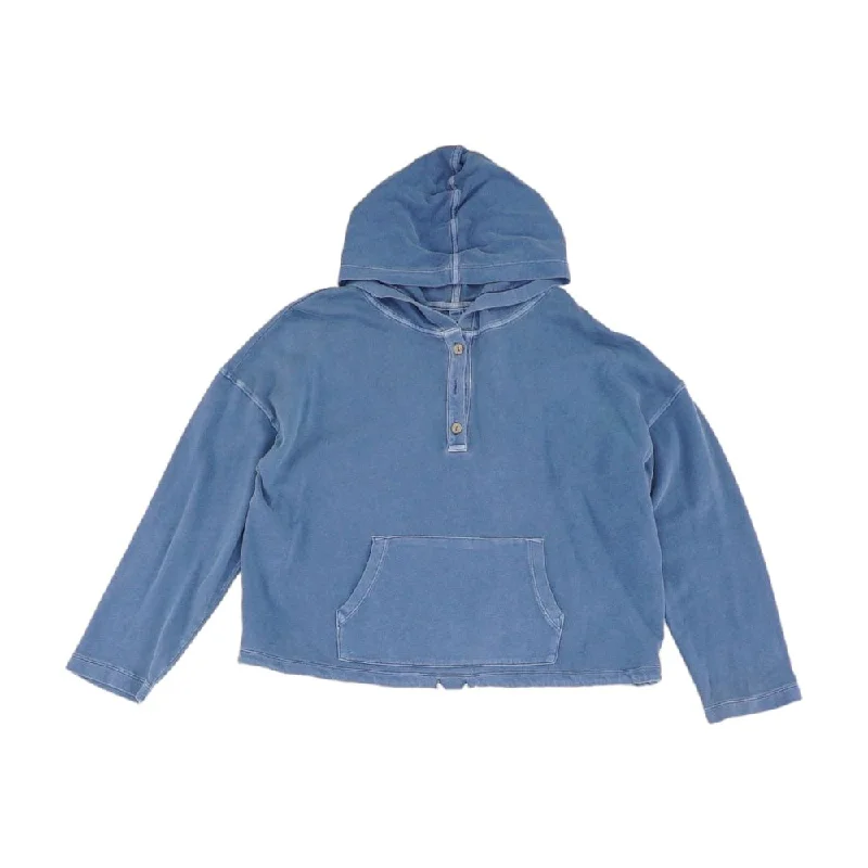Blue Solid Hoodie Hoodie with Button Placket Classic Preppy
